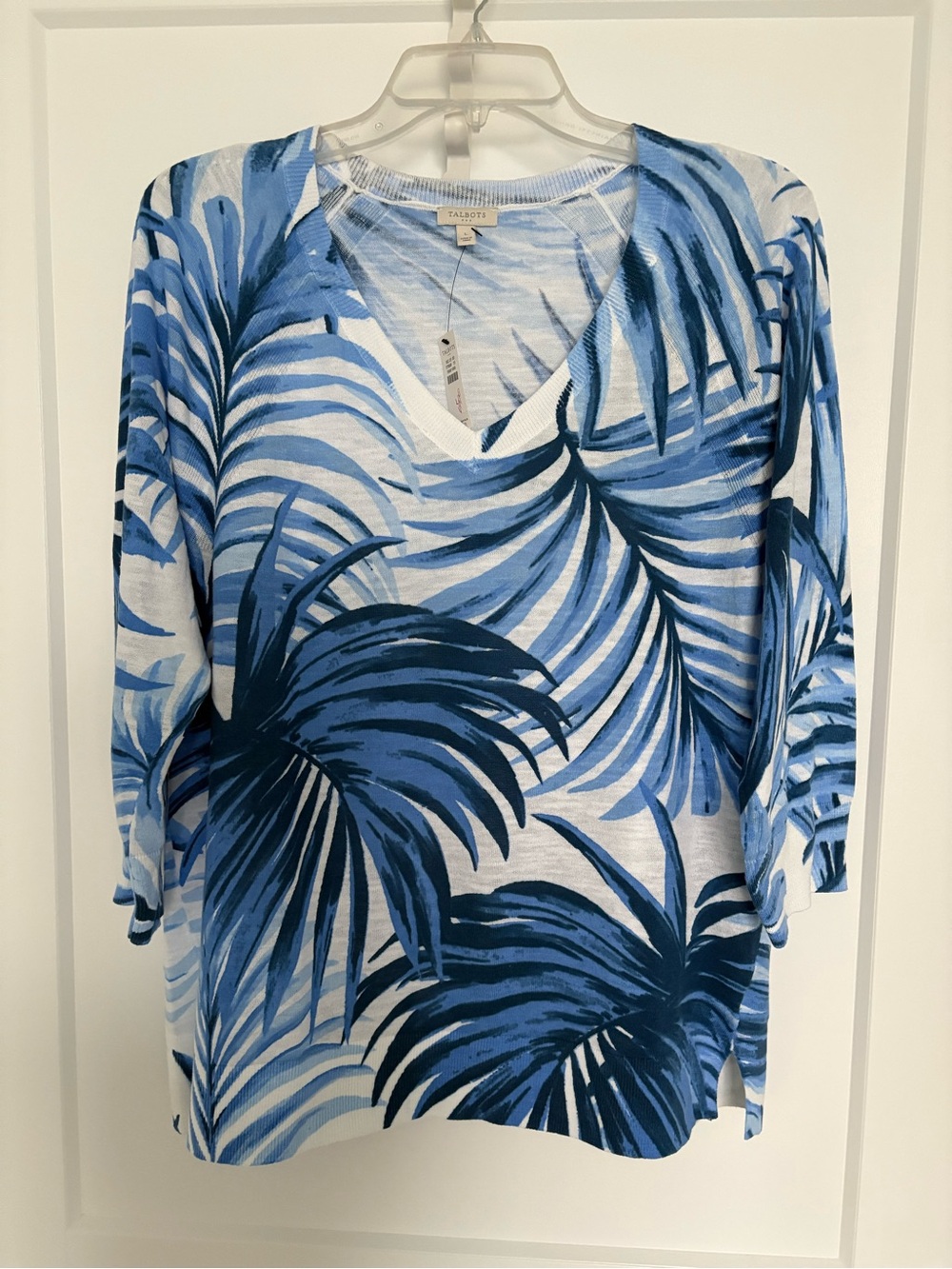 Talbots Blue Palm-Print V-Neck Top